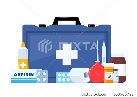 First Aid Kit for ambulance emergency, vehicle, office, travel. Medical help items. Plasters, pills, bandage, aspirin, thermometer. Elements for medical infographics. Vector illustration. 109566785