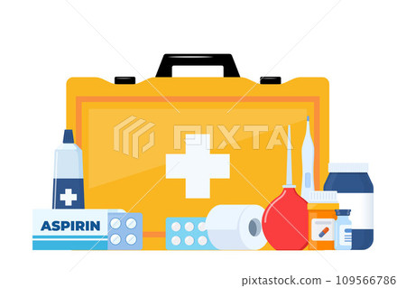 First Aid Kit for ambulance emergency, vehicle, office, travel. Medical help items. Plasters, pills, bandage, aspirin, thermometer. Elements for medical infographics. Vector illustration. First Aid Kit for ambulance emergency, vehicle, office, travel. Medical help items. Plasters, pills, bandage, aspirin, thermometer. Elements for medical infographics. Vector illustration. 109566786