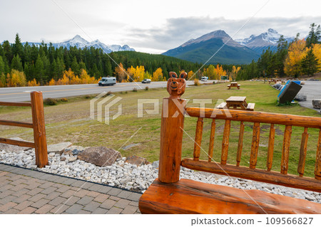 Wooden bench at Saskatchewan River Crossing parking area. The junction of Icefields Parkway (Highway 93) and David Thompson Highway (Highway 11). Banff National Park, Alberta, Canada. 109566827