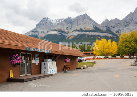 Alberta, Canada - Sep 28 2023 : Crossing resort hotel shop, dining room, grocery store, cafeteria at Saskatchewan River Crossing. located on the Icefields Parkway in Banff National Park. Alberta, Canada - Sep 28 2023 : Crossing resort hotel shop, dining room, grocery store, cafeteria at Saskatchewan River Crossing. located on the Icefields Parkway in Banff National Park. 109566832