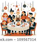 people eating lunch merry Christmas and happy new year night, isolated cartoon vector illustration graphic  109567314