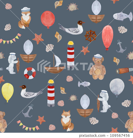 Watercolor sailor toys celebration pattern on grey background Watercolor sailor toys celebration pattern on grey background 109567456