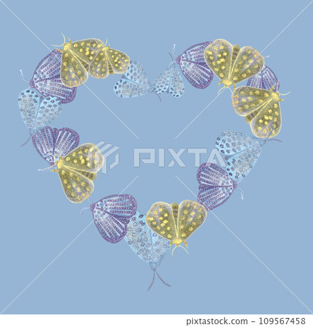 Hand painted watercolor delicate butterflies heart on blue background Hand painted watercolor delicate butterflies heart on blue background 109567458