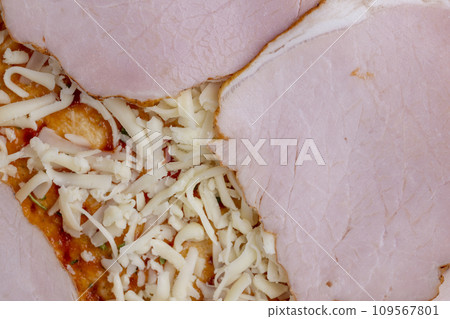 pizza dough with cheese and meat 109567801