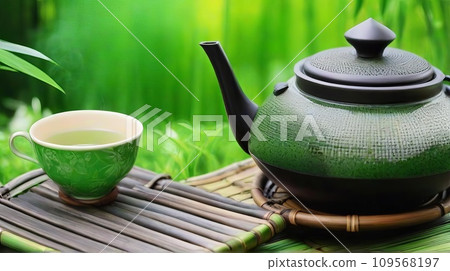 Asian tea set. Japanese teapot and cups on bamboo mat. generative