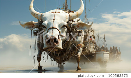 AI-generated content. White bull robot carrying ship along seashore 109568273
