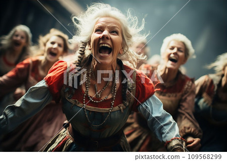 AI-generated content. Happy elderly people in sunglasses walking around city 109568299