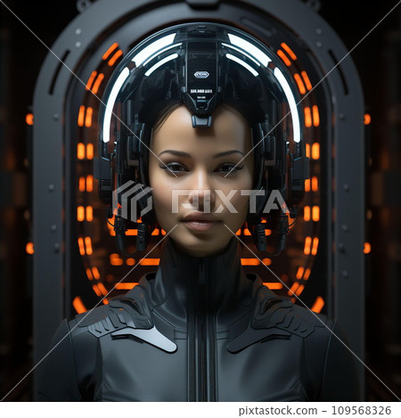AI-generated content. Portrait of beautiful robot woman in cyber suit 109568326