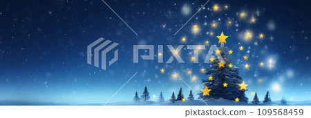 AI-generated content. blue christmas tree in the middle of a snowy field, digital art, stars glistening in the night,  109568459