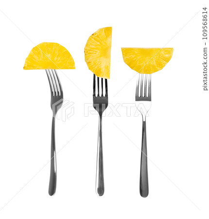 Pineapple Cuts on Forks Isolated, Raw Ananas Pieces, Comosus Tropical Fruit Chunks, Ripe Pine Apple Slices Pineapple Cuts on Forks Isolated, Raw Ananas Pieces, Comosus Tropical Fruit Chunks, Ripe Pine Apple Slices 109568614