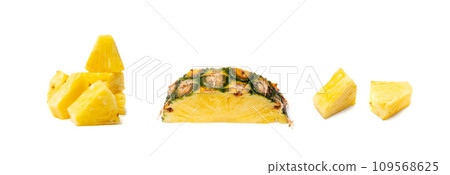 Pineapple Cuts Isolated, Raw Ananas Pieces, Comosus Tropical Fruit Chunks, Ripe Pine Apple Slices on White 109568625