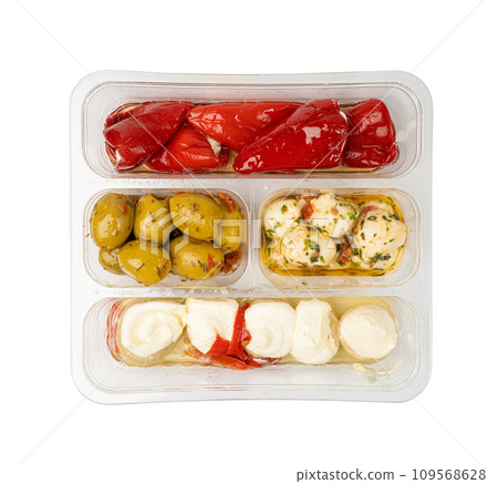 Italian Antipasti Set with Small Peppers Stuffed with Cream Cheese, Pickled Olives, Marinated Mushrooms, Italian Antipasti Set with Small Peppers Stuffed with Cream Cheese, Pickled Olives, Marinated Mushrooms, 109568628