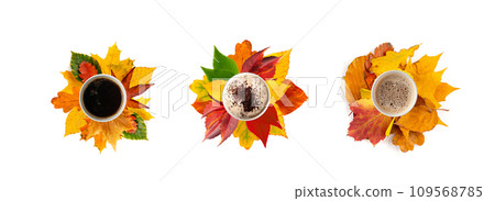 Autumn Coffee Cup Isolated, Coffee Mug on Yellow Autumn Tree Leaves, Hot Drink in Golden Foliage 109568785