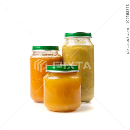 Baby Food Jar Isolated, Kid Puree Glass Bottle, Healthy Child Nutrition, Toddler Diet, Small Jar with Baby Food 109568858