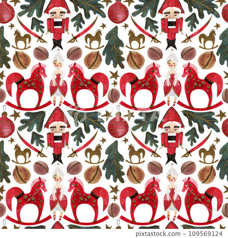 Nutcracker and nuts. Seamless watercolor pattern for New Year and Christmas wrapping paper. Vintage style gifts for children under the Christmas tree. Nutcracker and nuts. Seamless watercolor pattern for New Year and Christmas wrapping paper. Vintage style gifts for children under the Christmas tree. 109569124