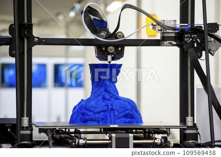 3D printer printing object close-up. Process creating three-dimensional model on 3d printer. Additive printer technology. 3D Prototyping. 3D design modeling. New modern innovation printing technology 109569438