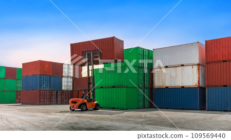 Container stacking cargo with forklift truck working in shipping harbor 109569440