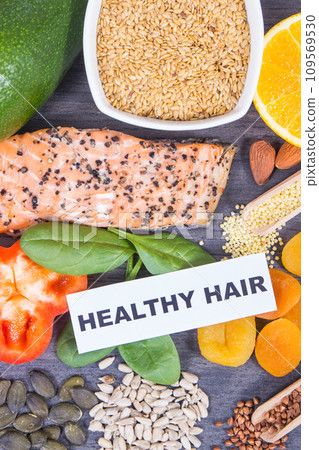 Nutritious products and ingredients containing differents vitamins or minerals for healthy hair 109569530