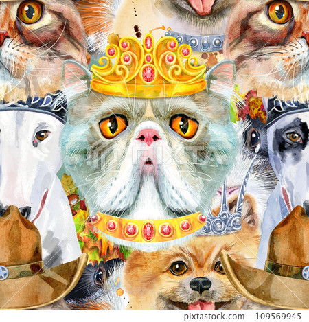 Seamless pattern of of dog, guinea pig, cat. Watercolor pets illustration. Watercolor hand drawn illustration 109569945