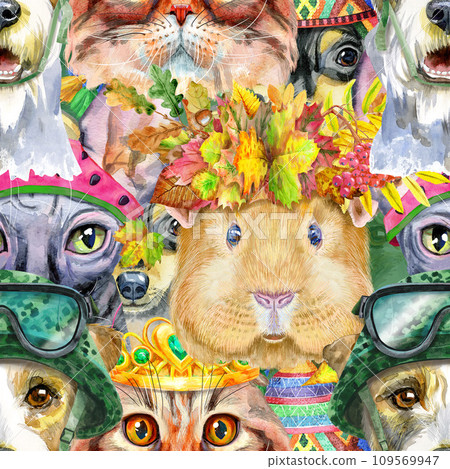 Seamless pattern of of dog, guinea pig, cat. Watercolor pets illustration. Watercolor hand drawn illustration 109569947