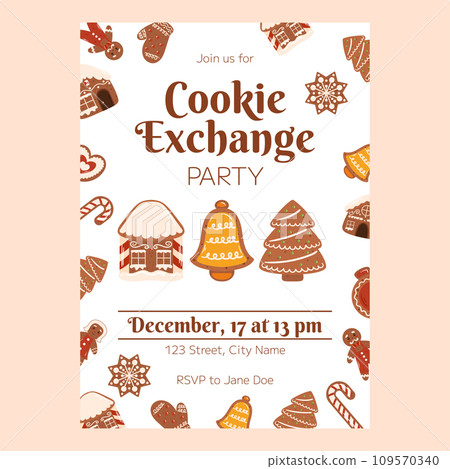 Christmas poster template, Invitation for Xmas cookie exchange party. Vertical flyer decorated with gingerbread cookies around the page and three big cookie in center - house, bell and tree. 109570340