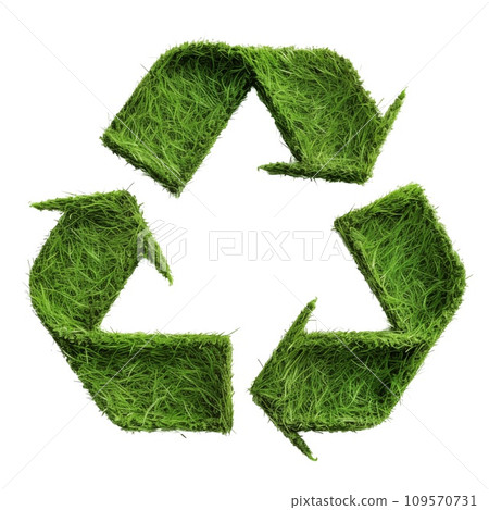 AI-generated content. Recycling symbol made from grass texture is cut out on a transparent background. Concept for recycling bottles or clothes. Design element on ecology theme 109570731