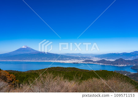 Mt. Fuji and Suruga Bay in late autumn seen from Darumayama Highland Observation Deck in Nishiizu, Izu City, Shizuoka Prefecture Mt. Fuji and Suruga Bay in late autumn seen from Darumayama Highland Observation Deck in Nishiizu, Izu City, Shizuoka Prefecture 109571153