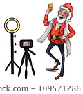 Santa Claus, a blogger in a red suit, taking selfies on a smartphone with a camera and a lamp. isolated on a white background 109571286