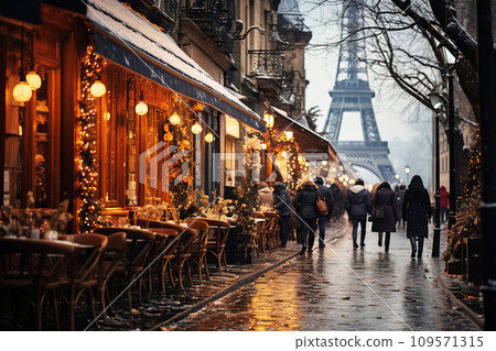 Winter cityscape snow covered streets of Paris lined with historical buildings adorned with festive lights and decorations 109571315