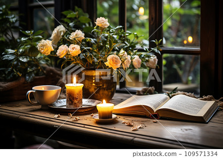 Quiet coffee corner adorned with flowers and a book 109571334
