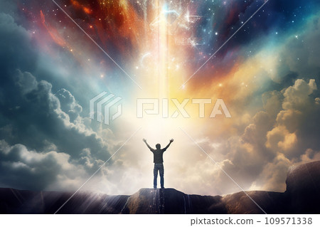 Person rising above negative thoughts, depicted as dark clouds, towards a sky filled with uplifting symbols like sunshine and rainbows 109571338