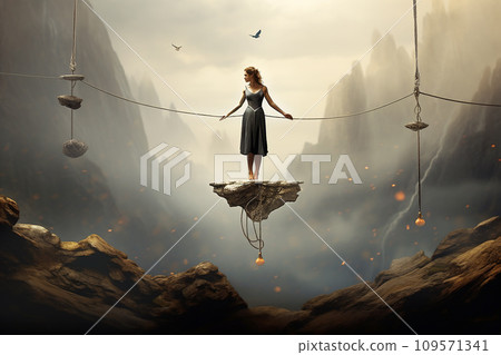 Person balancing on a thin rope above a large scale with emotions on one side and resilience on the other Person balancing on a thin rope above a large scale with emotions on one side and resilience on the other 109571341