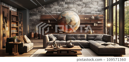 Modern living room with big windows and sofa Modern living room with big windows and sofa 109571360