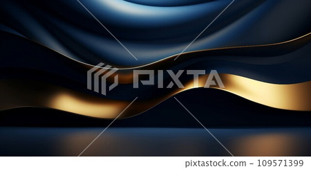 3D style landscape background. An abstract, dark space with curved walls in navy blue and gold. AI generated image 109571399