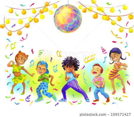 Border or frame with happy boys and girls dancing and having fun in kids party. Celebrating concept. Watercolor illustration for children dancing party design, cards, invitations, posters, t-shirt 109571427