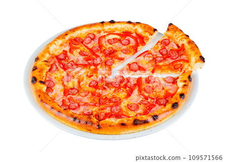 sliced homemade pizza with sausage and peppers on a plate. food isolated on a white background 109571566