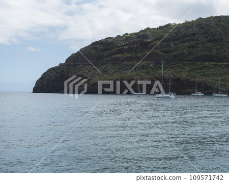 Sailing ships and yachts at Machico bay, Madeira, Portugal. Machico is popular resort town at east coast of Madeira Island with golden sand beach. 109571742