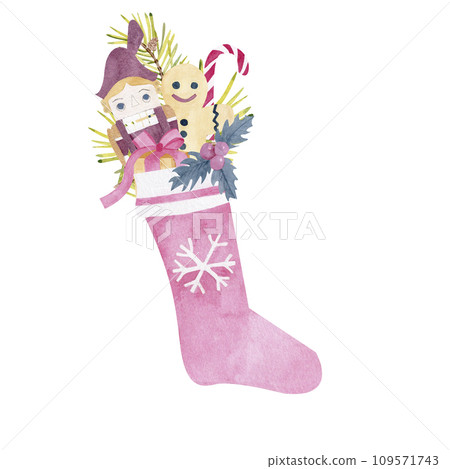 New Year's watercolor hand-drawn set. Gift sock, the gingerbread man, mistletoe, nutcracker, lollipop, gift christmas, pine branch, pine cone on a white background 109571743