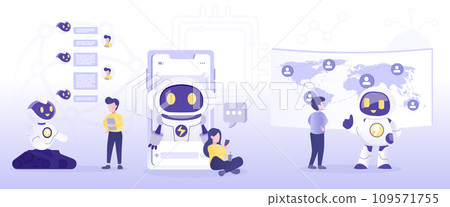 Artificial Intelligence (AI) and online communication technology collection set. Global connection, communication, talking, chatting, conversation, assistant and innovation. Flat vector illustration. Artificial Intelligence (AI) and online communication technology collection set. Global connection, communication, talking, chatting, conversation, assistant and innovation. Flat vector illustration. 109571755