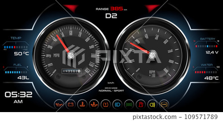 Car dashboard speedometer, tachometer, digital LED indicators for fuel and engine temperature. Vector realistic elements of car dashboard instrument cluster. Car dashboard speedometer, tachometer, digital LED indicators for fuel and engine temperature. Vector realistic elements of car dashboard instrument cluster. 109571789