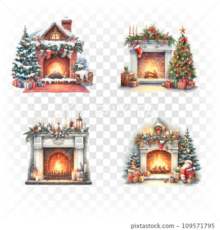 Set of Christmas watercolor fireplace elements. Holiday clipart for Christmas card, sticker and print. 109571795
