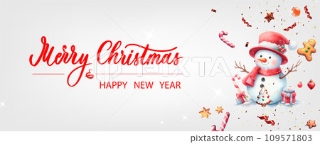Christmas banner. Xmas background objects viewed from above. Calligraphy text Merry Christmas and Happy New Year. Christmas banner. Xmas background objects viewed from above. Calligraphy text Merry Christmas and Happy New Year. 109571803
