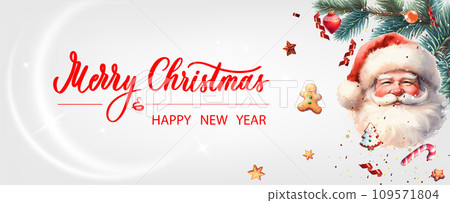 Christmas banner. Xmas background objects viewed from above. Calligraphy text Merry Christmas and Happy New Year. Christmas banner. Xmas background objects viewed from above. Calligraphy text Merry Christmas and Happy New Year. 109571804