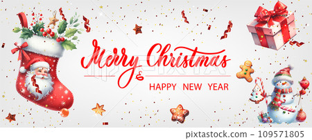 Christmas banner. Xmas background objects viewed from above. Calligraphy text Merry Christmas and Happy New Year. Christmas banner. Xmas background objects viewed from above. Calligraphy text Merry Christmas and Happy New Year. 109571805