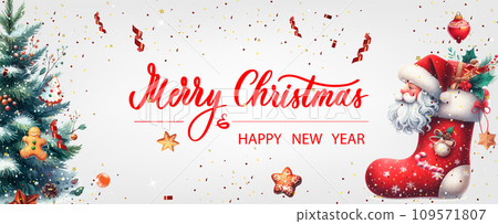 Christmas banner. Xmas background objects viewed from above. Calligraphy text Merry Christmas and Happy New Year. 109571807