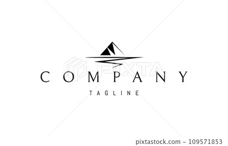 A vector logo with an abstract image of two mountains and a winding river. A vector logo with an abstract image of two mountains and a winding river. 109571853