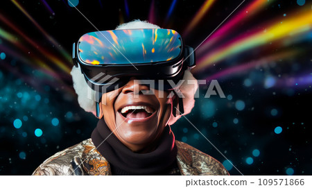 Portrait of a happy smiling passionate African American dark-skinned elderly old, senior woman wearing a virtual reality headset in a futuristic style. 109571866