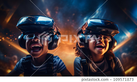 Portrait of happy smiling enthusiastic african american black children child boy girl in virtual reality headset in futuristic style. 109571873