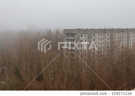 View of ghost town Pripyat at autumn in Chernobyl Exclusion Zone, Ukraine. View from above 109572226