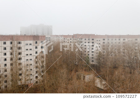 View of ghost town Pripyat at autumn in Chernobyl Exclusion Zone, Ukraine. View from above 109572227